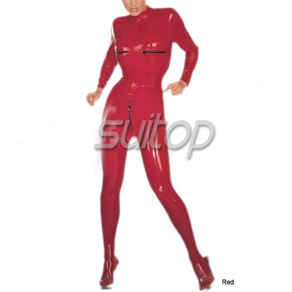 

Women's Suitop latex rubber catsuit with back zipper and bust zip attached socks