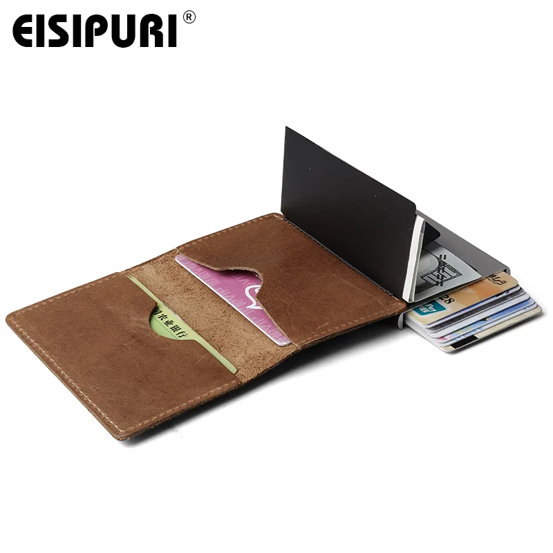 EISIPURI Men Blocking Rfid Wallet Mini Genuine Leather Business Aluminium Credit Card Holder Purse Automatic Pop Up Card Case