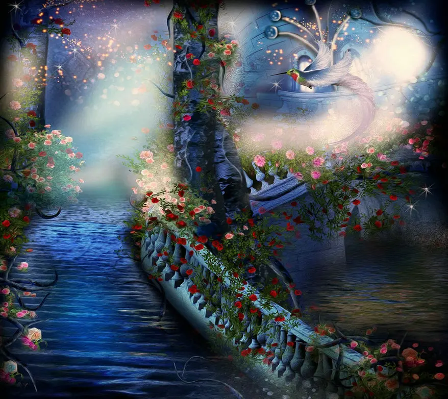 

staircase stairway fairy tale rose flower leaves bird background High quality Computer print wall backdrop