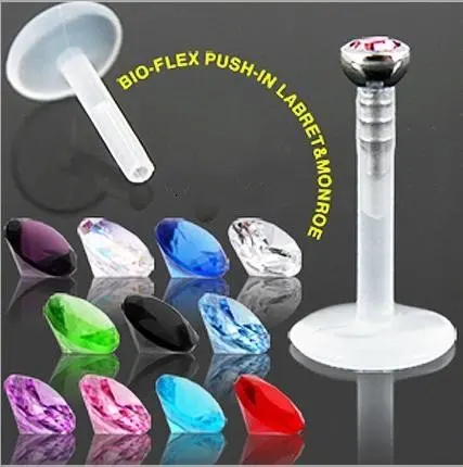 

Bioplast Push Fit Labret Stud Flexible Secure gem Surgical Steel Bioflex LIP RING mixing color 1.2*8mm Fashion Body Piercing 16G