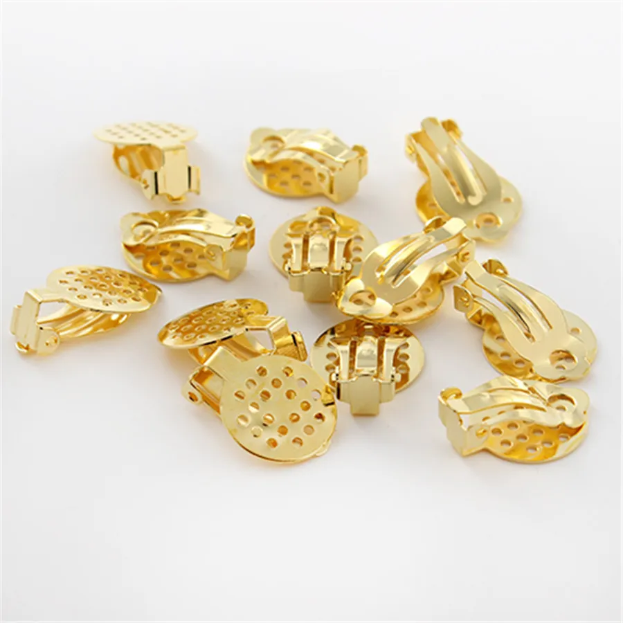 100pcs/lot Copper Ear Clips Rhodium/Gold Color Clip On Earring with 15mm Perforated Pad for DIY Earring Base Tray Findings