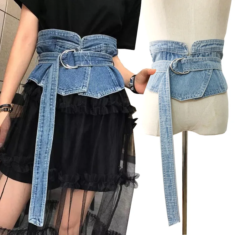 Korean Denim Jean Fabric Waist Belt For Women Wide Corset Belt Retro Design Front Tie up Waist Belt Girl Costume Dress Belts New