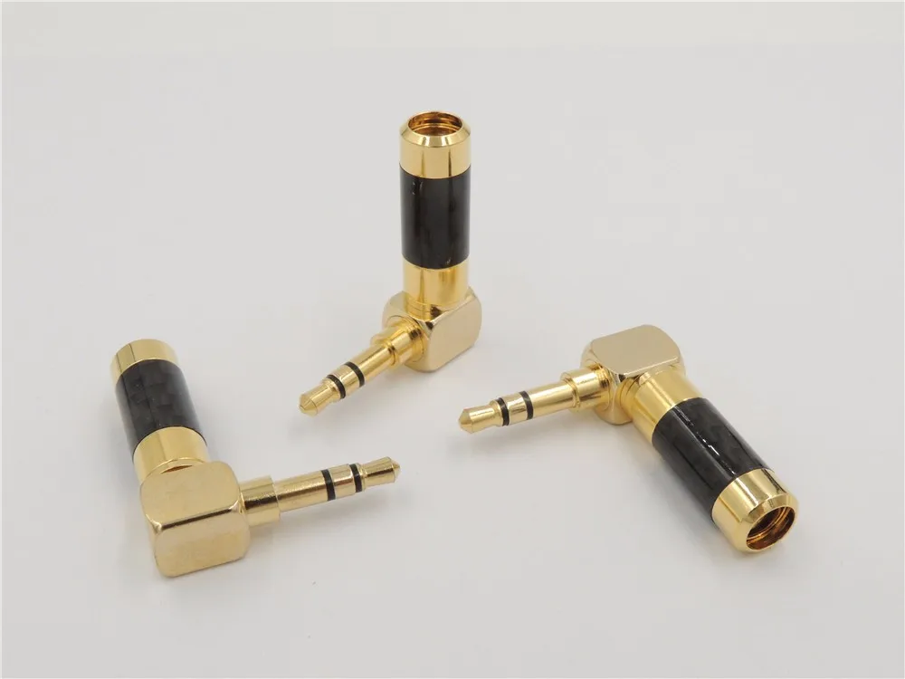 100Pcs 24K Gold Plated audio 3.5mm 3 pole Mini jack Stereo Male plug Carbon Fiber 90 Degree angle Adapter Solder Connector