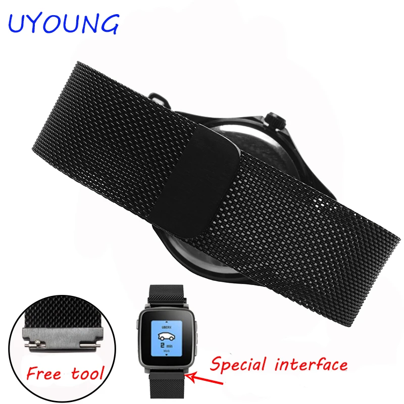 22mm Milanese Loop Strap For Pebble time round Men's Stainless Steel Band Magnetic Bracelet for  Pebble Time Steel 2/Smart Watch