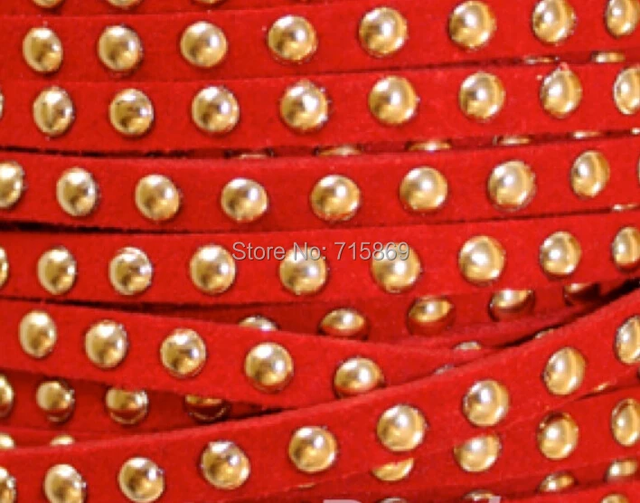 

Free Ship 100 Meters Red 5 x1.5mm Microfiber Flat Faux Suede Leather Lace Cord w/ Gold Rivet Accents