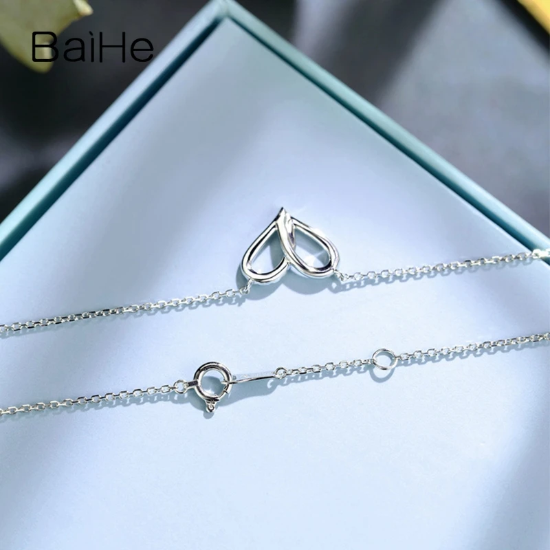 BAIHE Solid 18K White Gold Round H/SI 0.08ct Natural Diamond Heart Necklace Women Fine Jewelry Herz Halskette collier coeur