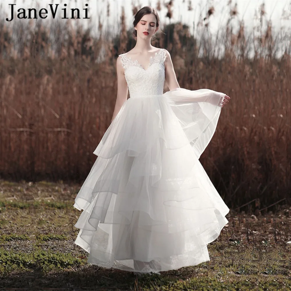 JaneVini Elegant White Long Wedding Dresses V Neck Appliques Sequined Princess A Line Tiered Tulle Bridal Gowns Vestido De Noiva