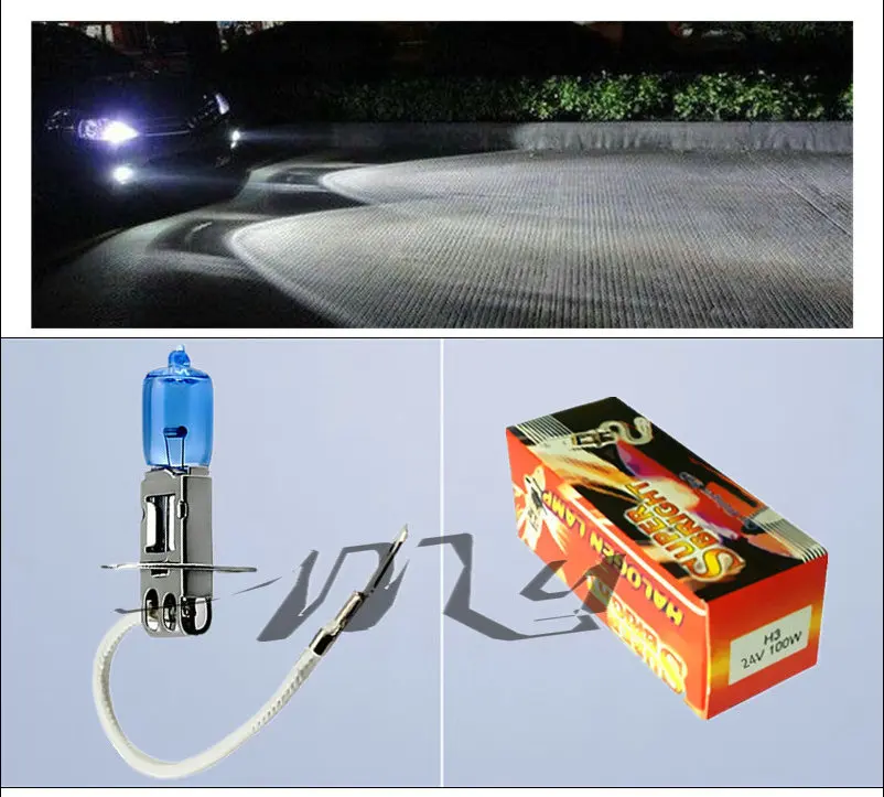 Lâmpada automotiva de halogênio, 24v, h3, 100w, farol de neblina branco de alta potência, super brilhante