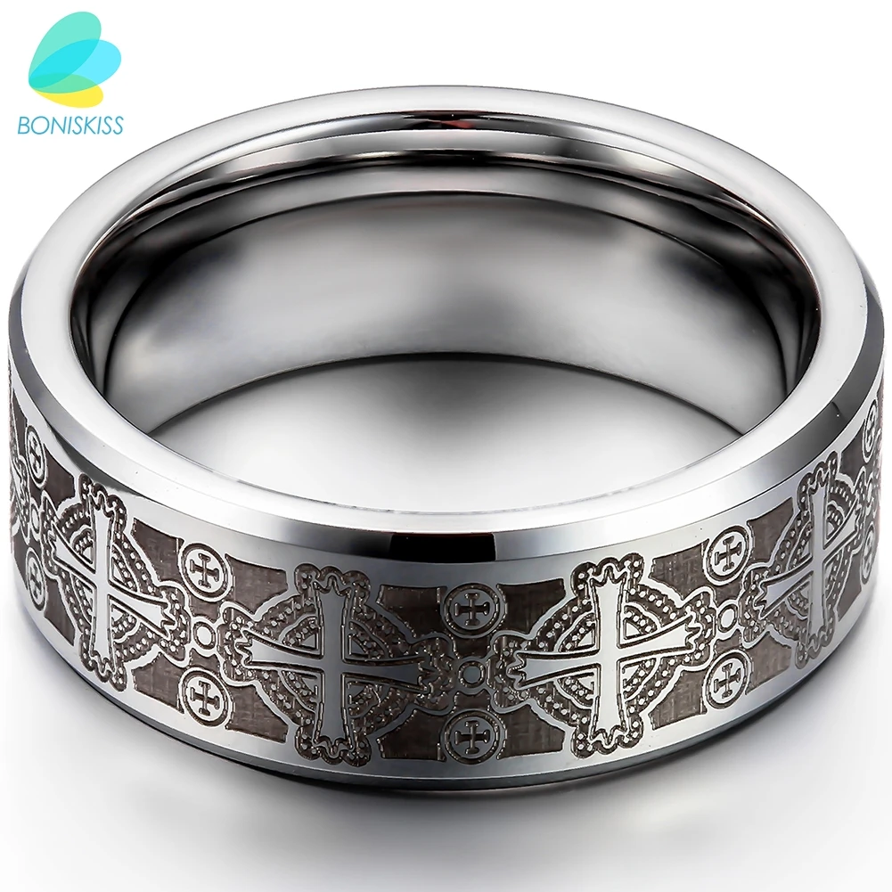 BONISKISS 8mm Vintage Gothic Laser Etched Cross Tungsten Engagement Rings For Men High Quality Mens Jewellery anillos hombre