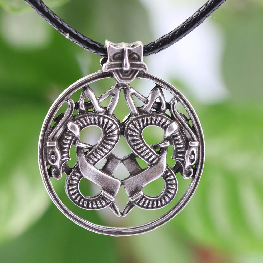 

LANGHONG Scandinavian Norse Viking Amulet Necklace Viking Borre style double Dragon Necklace Norway Talisman