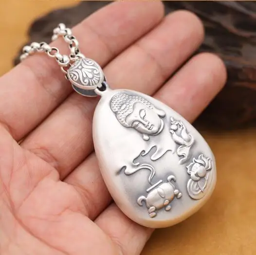 

Handcrafted 999 Silver Buddha Statue Pendant Buddhist Pendant Tibetan Buddha Amulet Lotus OM Mantra Pendant Jewelry gift