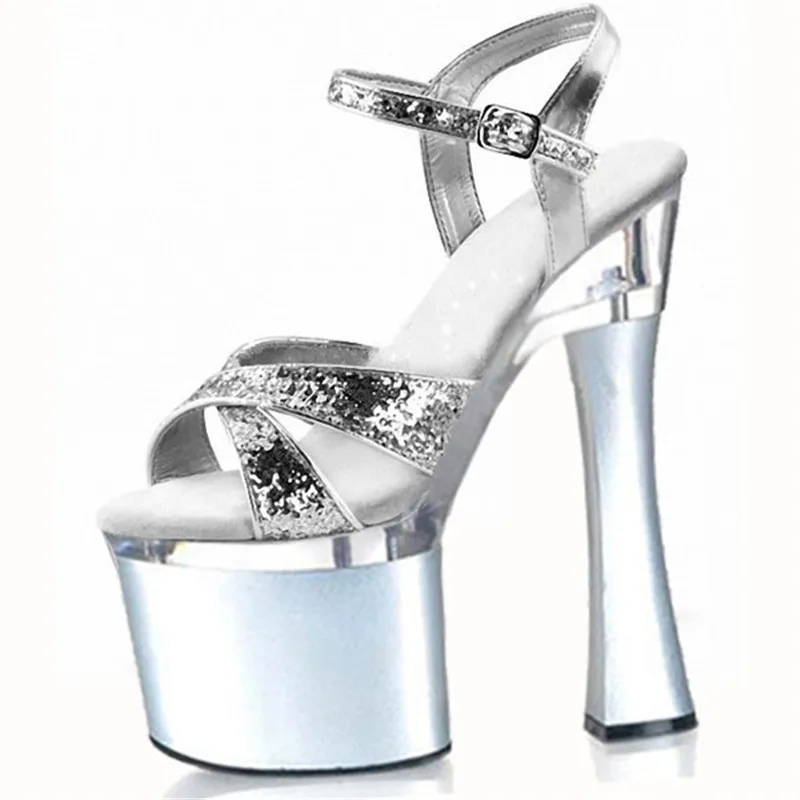 

heels sandals Gorgeous silver glitter heels platform pole dancing shoes 18cm high heels sandals women wedding shoes