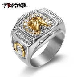 7 -15 size Animal Horse Titanium Steel Gold Silver Color Clear CZ Men Ring Wedding Jewelry Punk Rock Male Biker Band Hip Hop