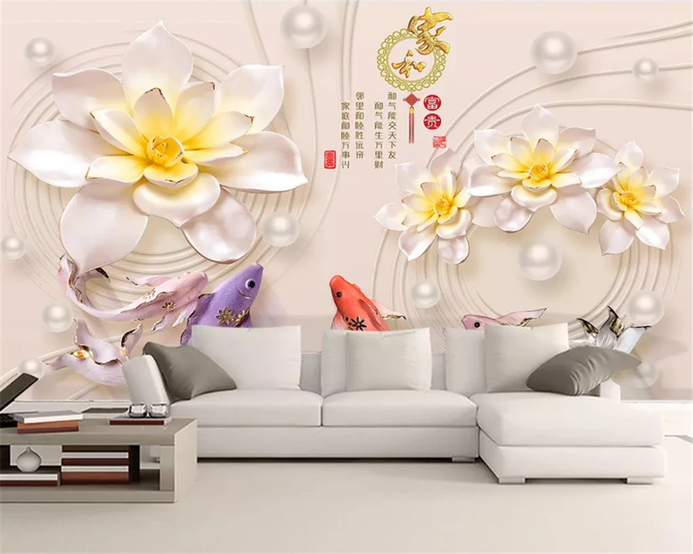 

beibehang Beautiful large-scale wallpaper Chinese-style home and wealthy lotus relief fish jewelry backdrop wall papel de parede