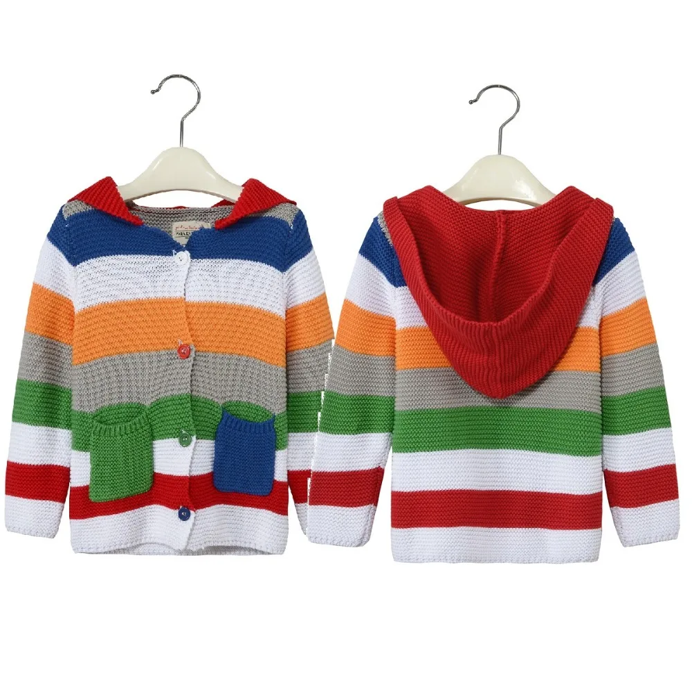 Rainbow Striped Children Cardigans Baby Girls Coats Clothes Boy Sweater Wool Knitted Hooded Kids Jackets Girl Jumpers 3-10Years