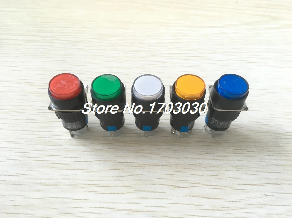 5pcs AC220V Indicator LED Light SPDT Momentary Round Head Pushbutton Switch 16mm