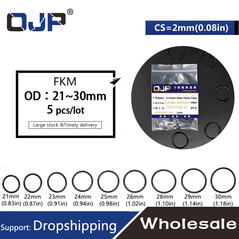 5PCS  Fluorine rubber Ring Black FKM O-ring Seal OD21/22/23/24/25/26/27/28/29/30*2mm O Ring Seal Oil Fuel Gasket Sealing Washer