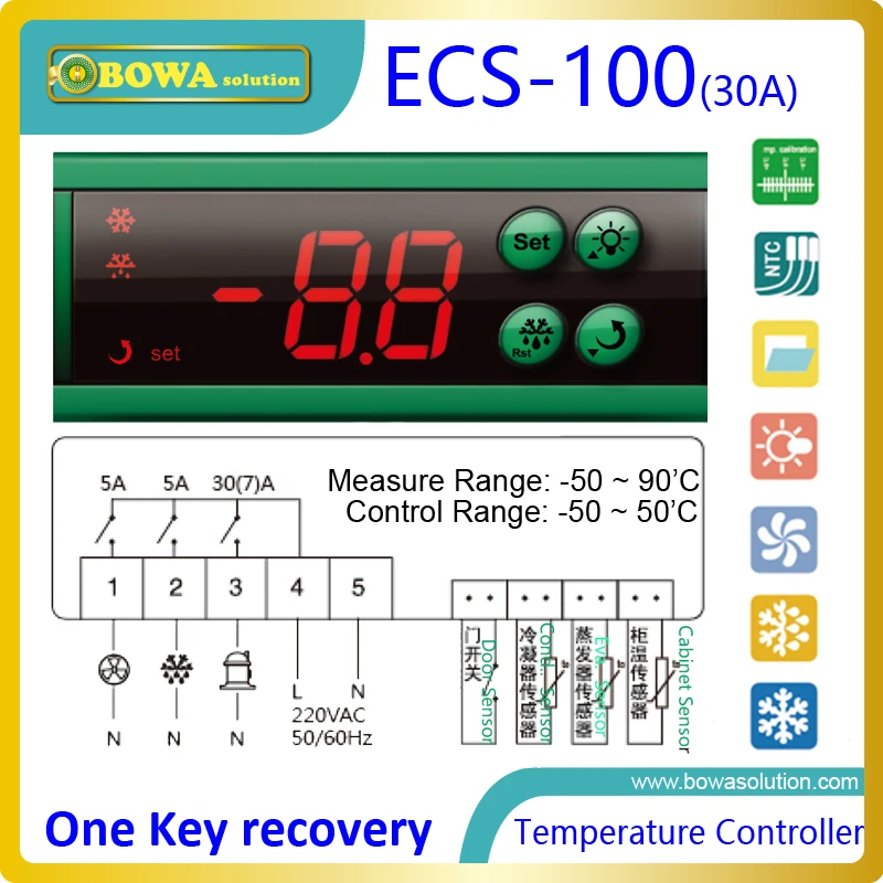 7 selectable pre-set temperature controls with 2 sensors, replace Dixell XR04CX, ELIWELL ID961 and Carel IR33 thermostat