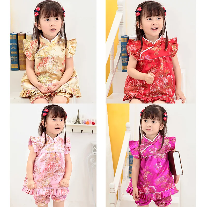 

Gold Girls QIPAO Sets 2020 Summer Baby Girls Clothes Set Children Clothing Top Quality 0 1 2 3 4 Years Rose Flower Girl Dress