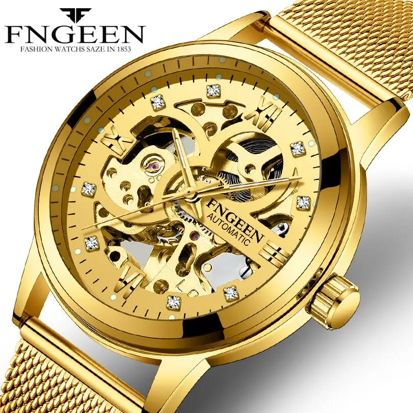 FNGEEN Automatic Golden Mesh Belt Men\'s Mechanical Watches Waterproof Luminous Diamond Double-sided Hollow Tourbillon Colck