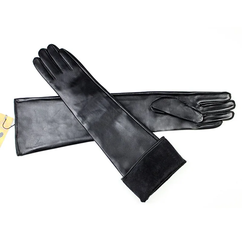 Long Leather Gloves Ladies Sheepskin Thin Rayon Lining Fashion Versatile Simple Straight Style Thick Fleece Lining Winter Warmth