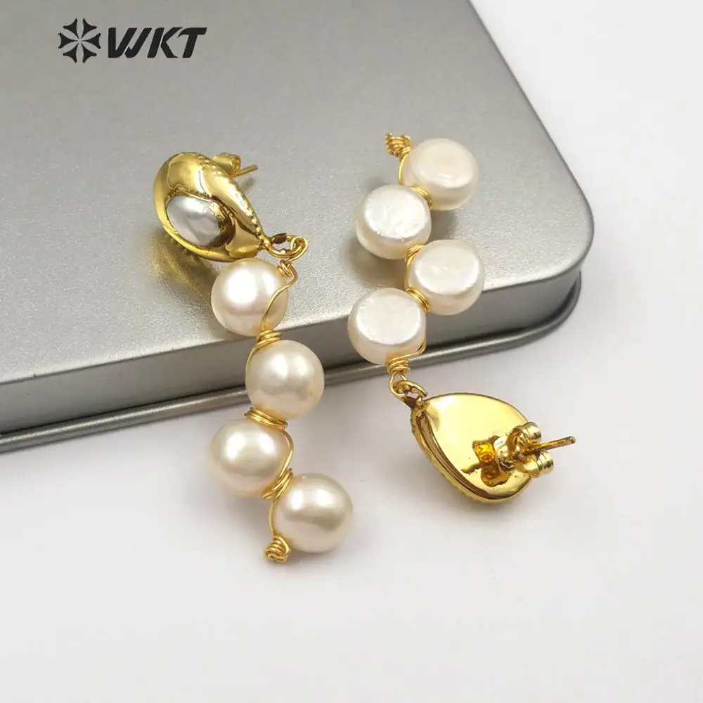 WT-E529 WKT Trim Natural Freshwater Pearl Five Tiny Round Shape Pearl Inlay Earring Delicate Classic Pearl Women Earring