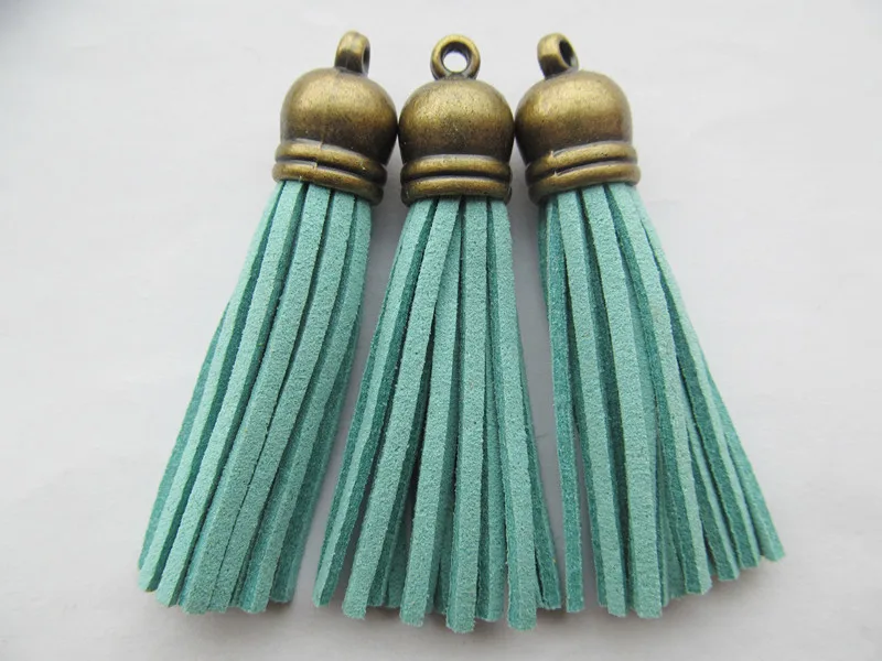 

Free Shipping 100Pcs 59mm Lake Blue Suede Leather Jewelry Tassel For Key Chains/ Cellphone Charms Top Plated End Caps Cord