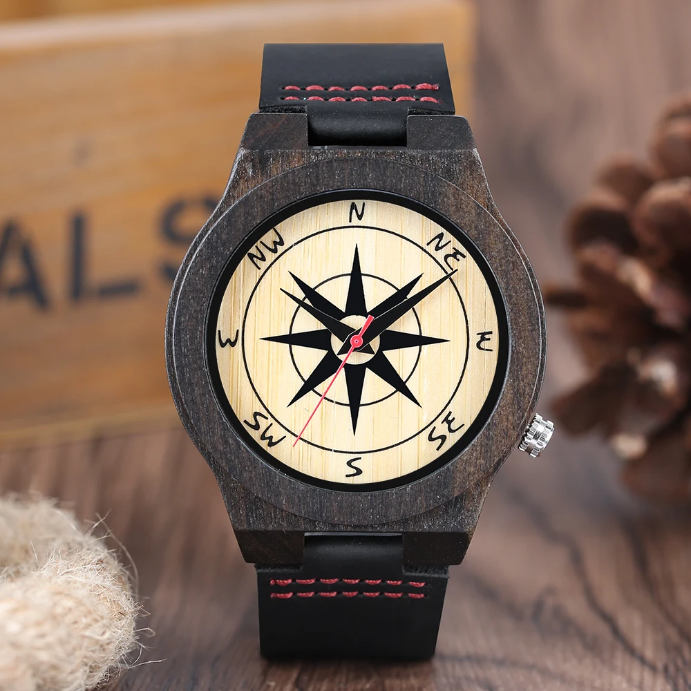 

Natural Sandalwood Watches Modern Compass Dial Men's Bamboo Quartz-Watch Soft Genuine Leather Casual Male Clocks Reloj de madera