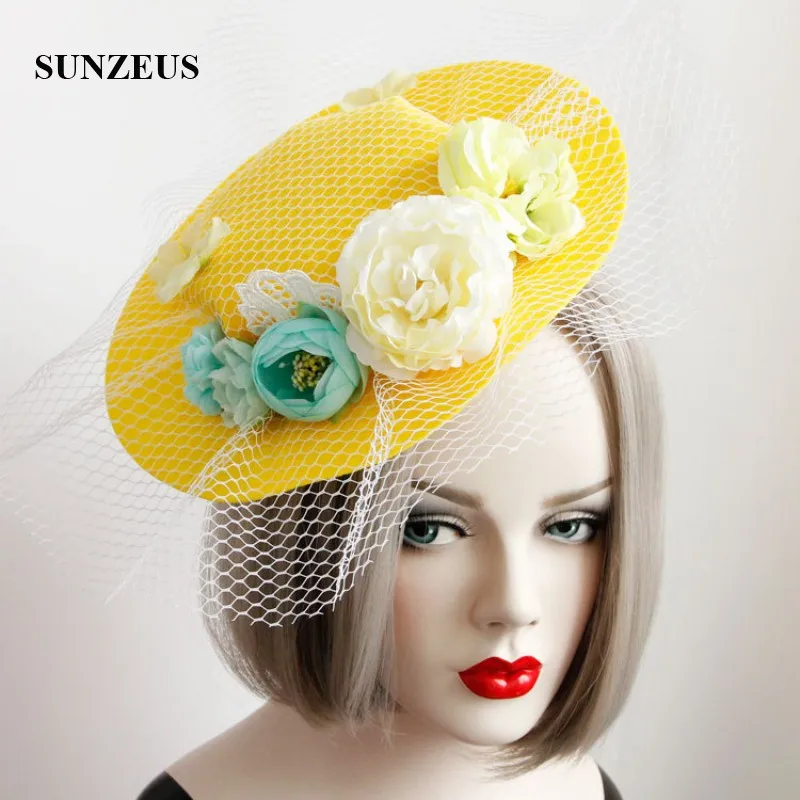 Bright Yellow Hats for Girls Flowers High Quality Wedding Hair Accessories White Tulle Face Veil Holloween Party Hats  SH10