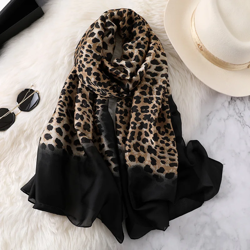 2023 Luxury Women Ombre Leopard Dot Natural Silk Scarf Lady Fashion Print Shawls and Wraps Pashmina Foulards Bandana Hijab Snood