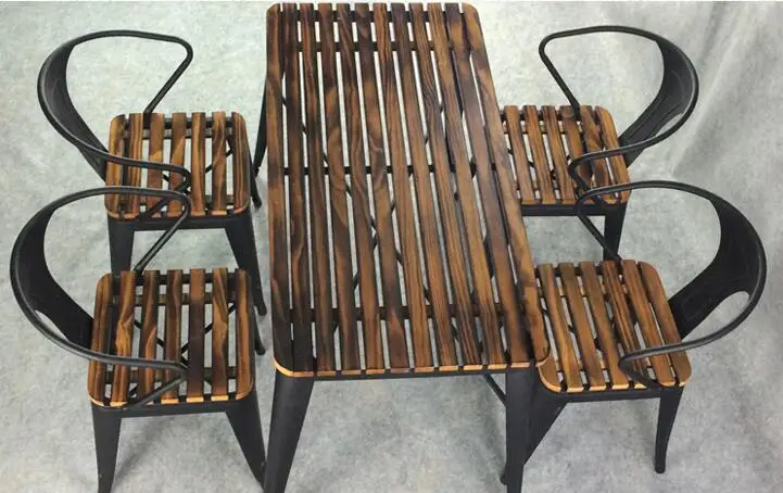 Outdoor desk and chair set. Iron art anticorrosive square furniture. Courtyard 5 pieces. Real wooden table chair