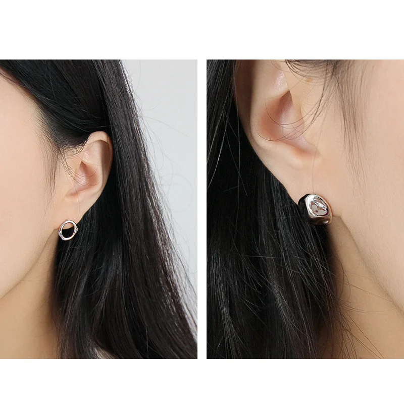 F.I.N.S Personalized 925 Sterling Silver Aymmetrical Earrings Small Circle Round Stud Earrings Geometry Concave Korean Earrings
