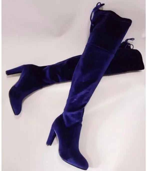 Winter newest royal blue velvet thigh high boots women round toe high heel boots over the knee boots wine red 35-42