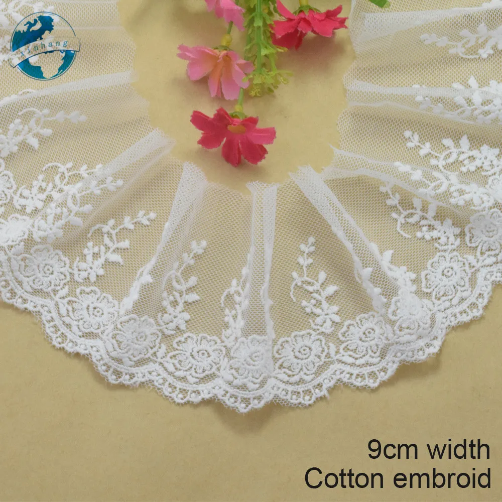 8.5cm White Cotton Embroidery Lace French Ribbon Fabric Guipure Diy Trims Warp Knitting Wedding Dress Sewing Accessories#2945