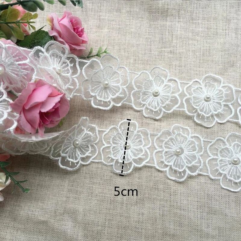 White Pearl Flower Handmade Beaded Embroidered Lace Edge Trim Ribbon Double Layered Applique Dress DIY Sewing Craft