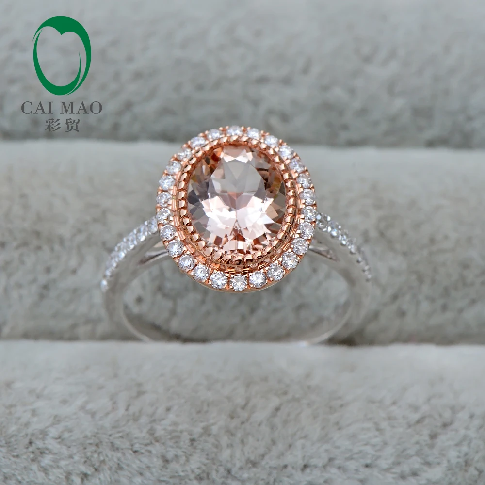 Caimao 1.95ct Natural Morganite Bezel Milgrain 14k Rose and White Gold Halo Diamond Engagement Ring for Women