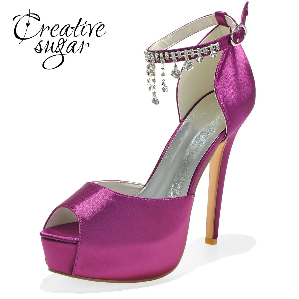 

Creativesugar Platform high heel D'orsay peep toe woman ankle strap crystal tassel ladies wedding evening party cocktail shoes