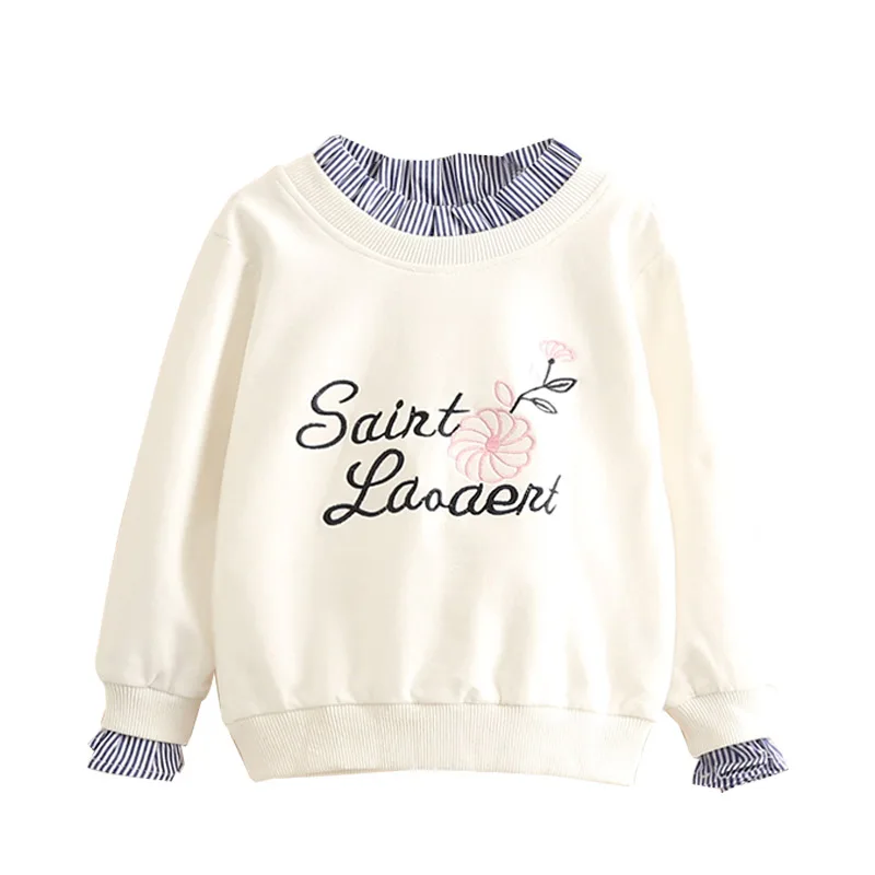 Spring Autumn 3 4 5 6 8 10 12 Years Children Hoodies Crew-Neck Letter Print Patchwork Fake 2 Pcs Kids Baby Girl Sweatshirt