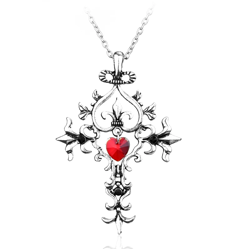 dongsheng The Vampire Diaries Red Crystal Sacred Heart Cross Pendant Necklace Vintage Gothic Jewelry For Women Girls Gifts