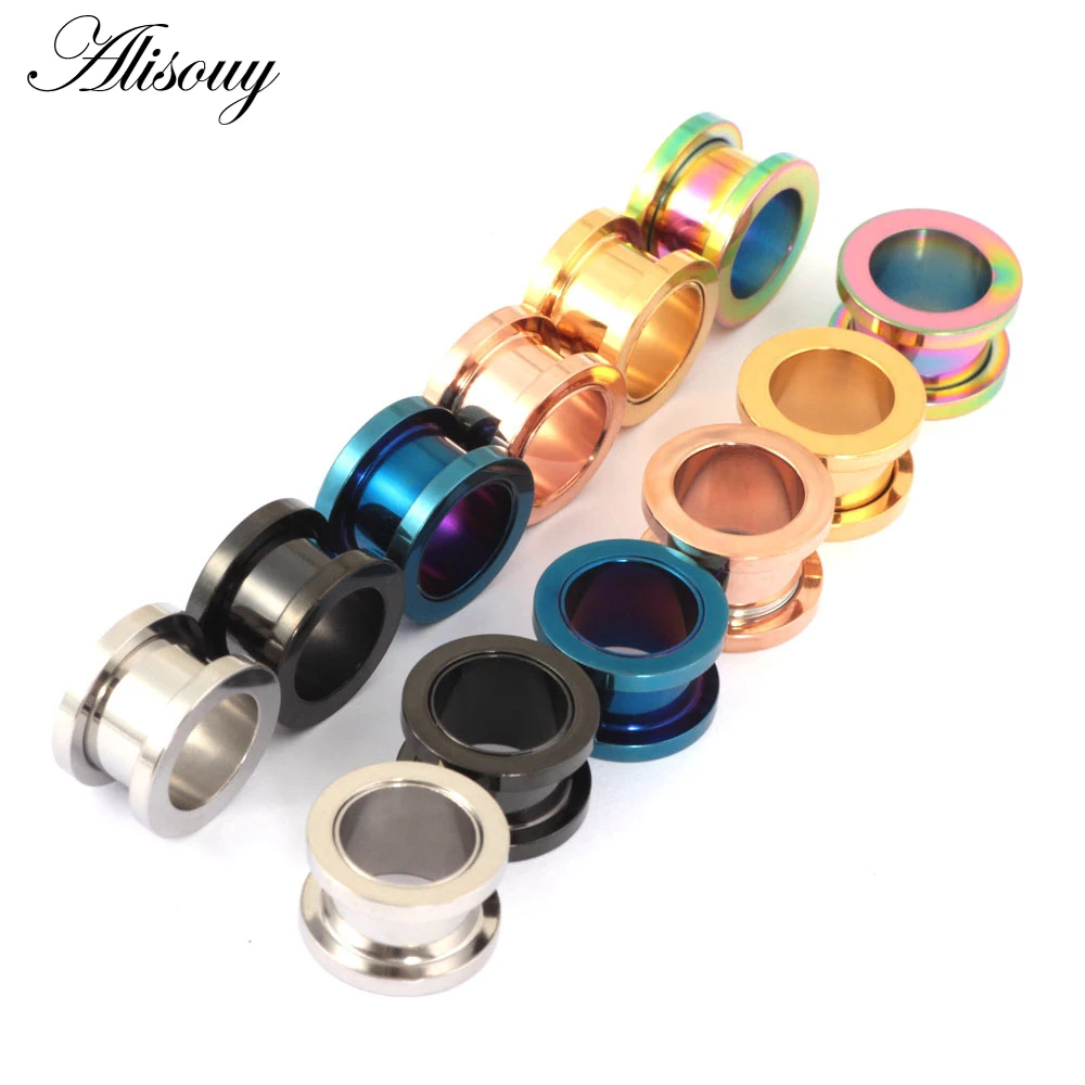 Alisouy Unisex 2PC Steel Ear Plugs Tunnel Flesh Earring Gauges Hollow Piercings Tunnels Expanders Mixed Color Body Jewelry