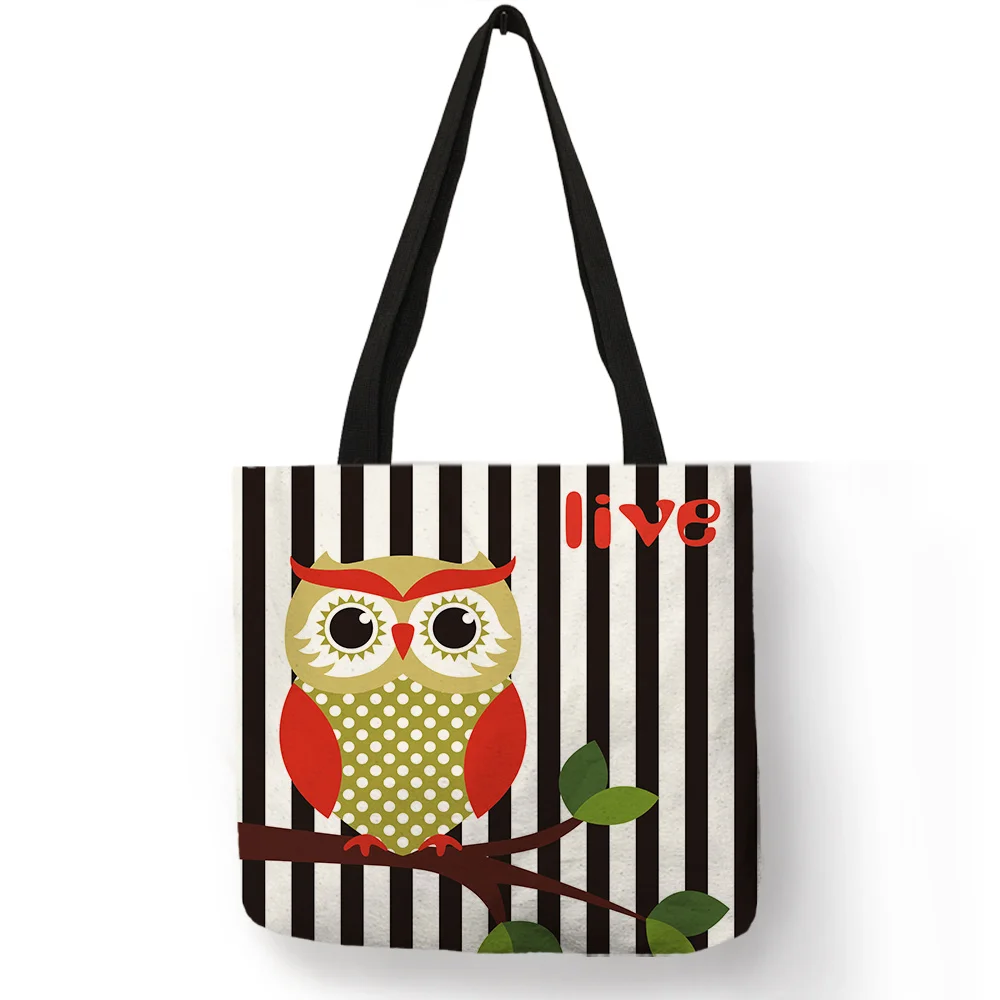 Exclusive Floral Design Tote Bag Cartoon Cute Owl Trees Stripe Print Linen Handbag Lady Girls School Daily Shopping Storage Bags