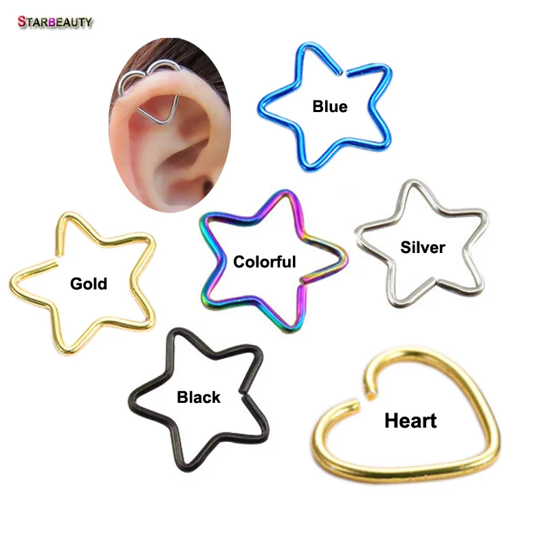 2Pcs Heart/Star Shaped Fake Tragus Piercings Hoop Helix Cartilage Tragus Daith Ear Studs Lip Nose Rings Silver Jewelry