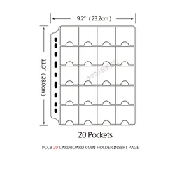 #802329 PCCB 20 Grid CARDBOARD COIN HOLDER ALBUM INSERT PAGE SHEETS, Coin Protector Album Binder Sheets Sleeves 20 openings