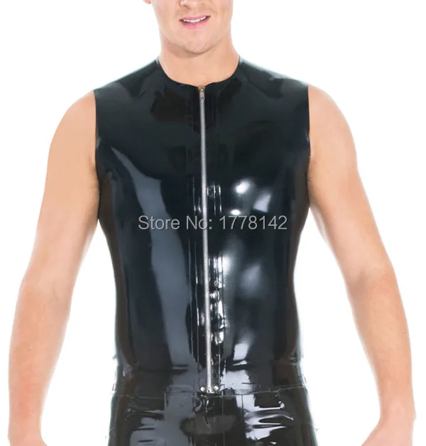 

Men's T Shirt Top in Black Latex Rubber Sleeveless with Zip Front