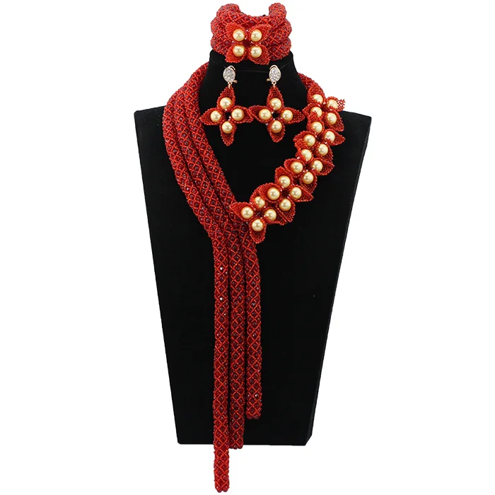 Gold Seed Bead Flower Handmade Crystal Necklace Burgundy Floral Nigerian Wedding African Beads Jewelry Set Free Shipping ABL532