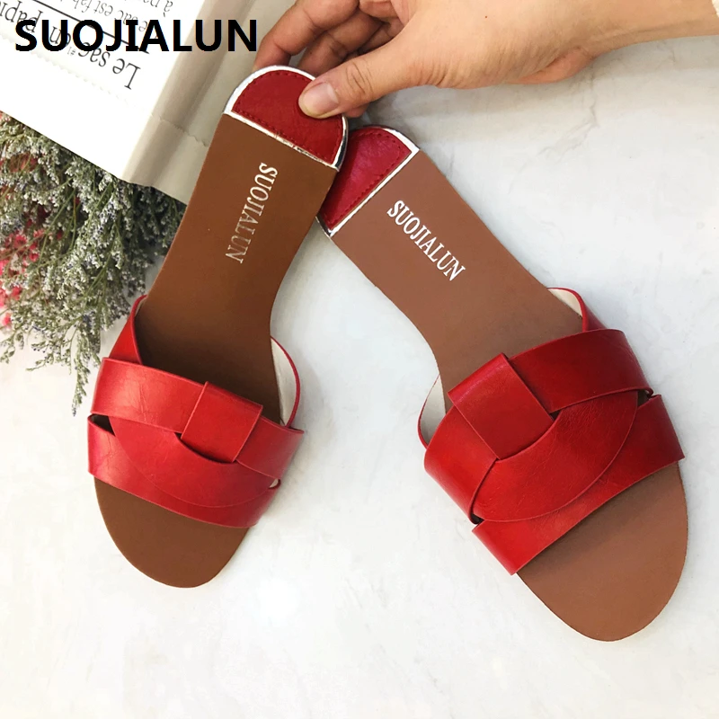 SUOJIALUN 2019 Summers Beach Slippers Women Flip Flops Outdoor Flat Shoes Ladies Sandals Hot Sale Slide New