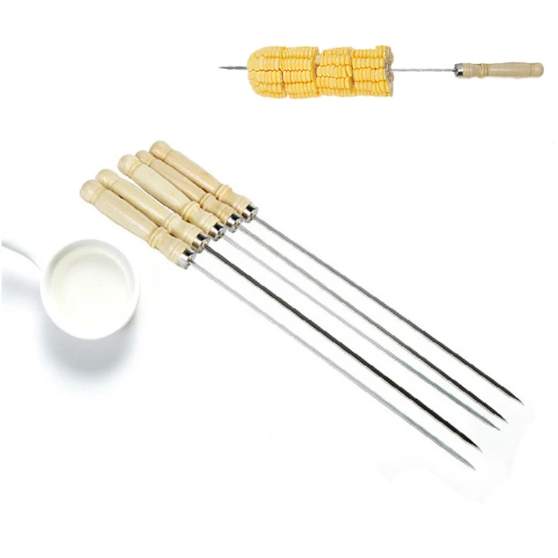 Barbecue Flat Skewers Roast Meat Prod Wooden Handle Stick Long Grill Sticks Outdoor Camping BBQ Toolsb Stainless Steel 10pcs