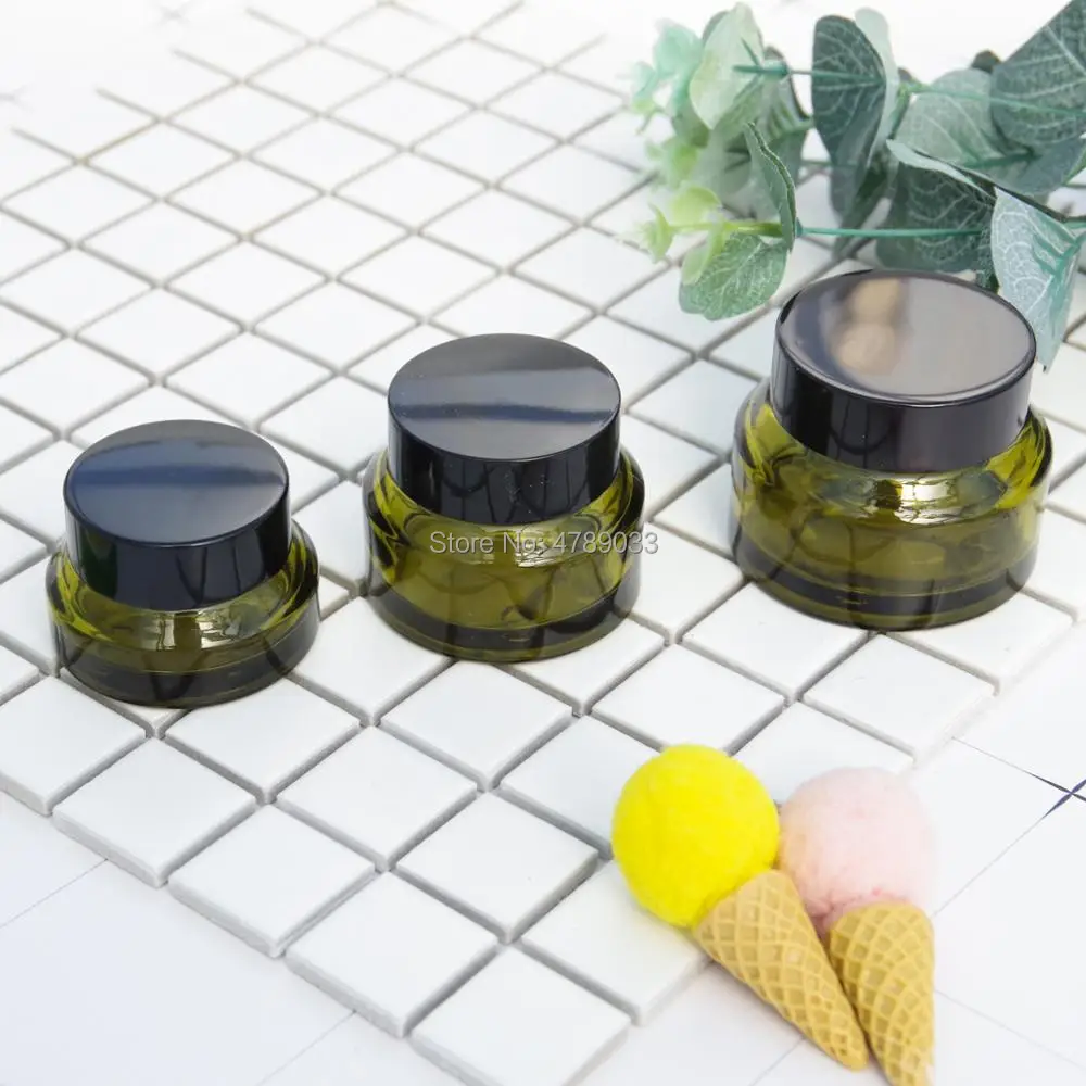 

5/10pcs 15g 30g 50g Empty Glass Jars For Cosmetics Green Glass Cream Jars Cosmetic Packaging With Black Caps