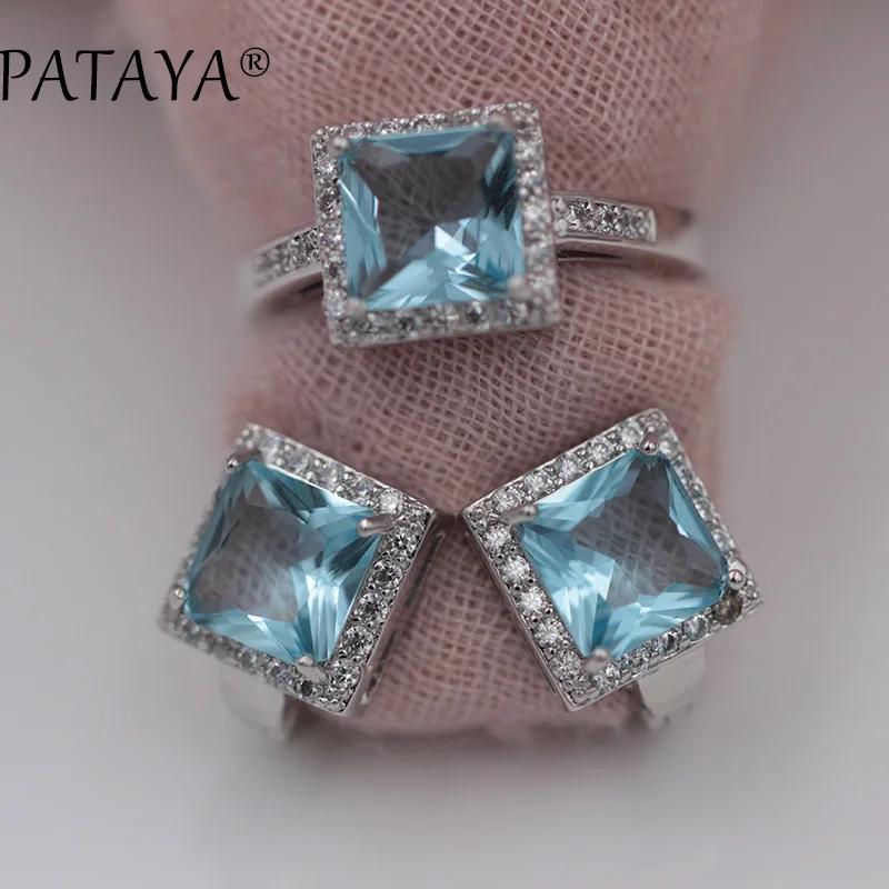 PATAYA New Arrivals 11 Colors Square Natural Zircon Earrings Ring Sets Women Luxury True White Gold Color Wedding Jewelry Set