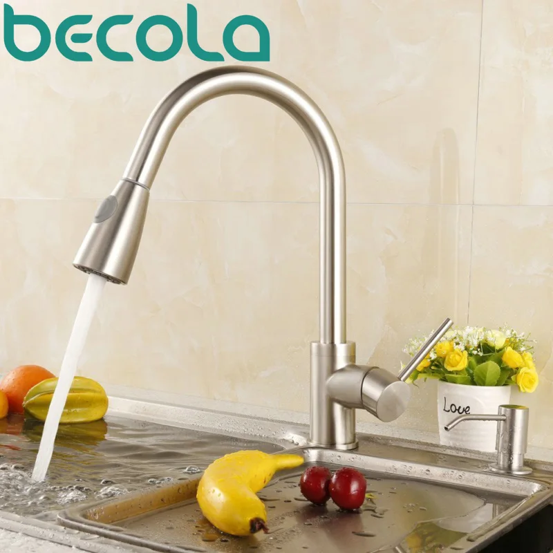 Brushed Brass Faucets For Kitchen Pull Out Water Mixer Tap Single Hole 360 Rotation Sprayer Head Robinet Becola Newest